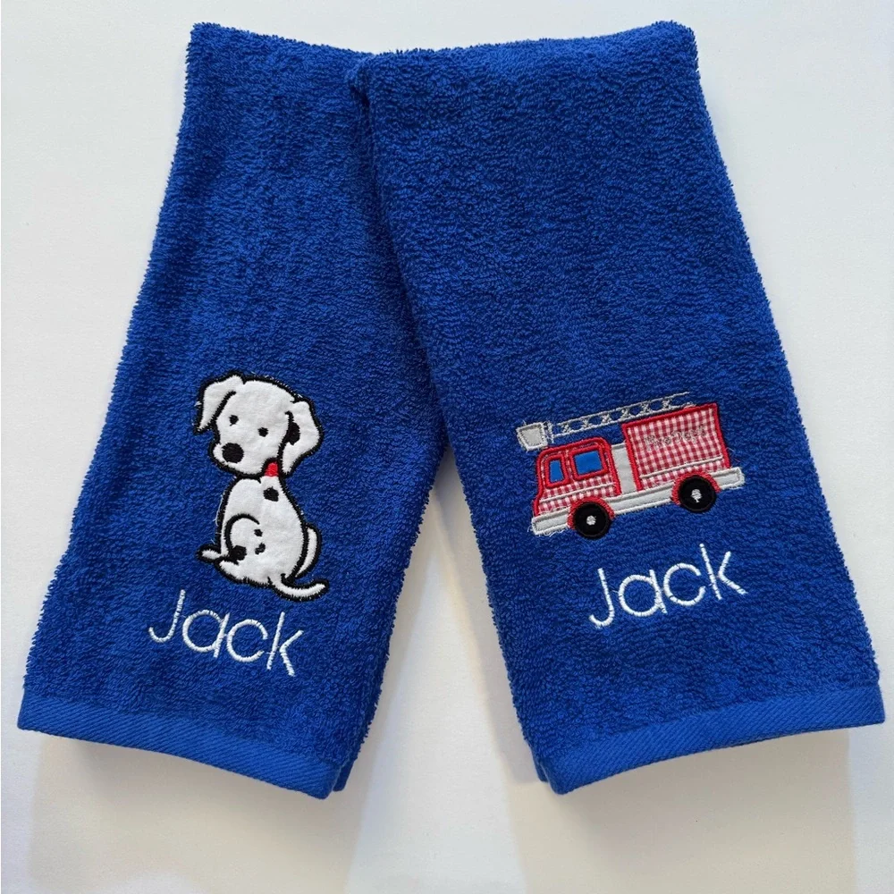 Personalized Blue Kids Hand Towel Set with Embroidered Firetruck and Dalmation